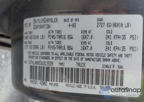 2003 Dodge Dakota Slt из США, поврежденный, VIN 1D7HL48N53S313528